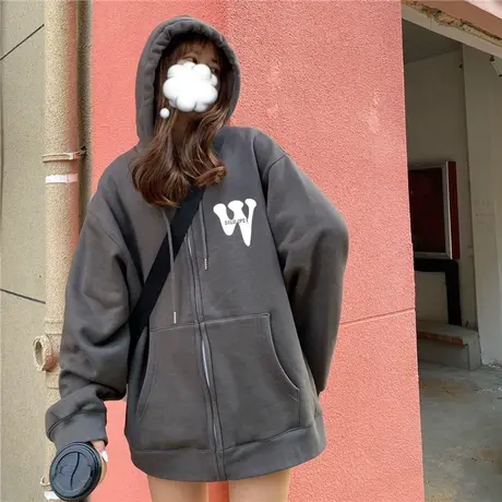 早秋加绒连帽卫衣女hiphop高街设计感开衫ins潮显瘦情侣外套上衣商品大图