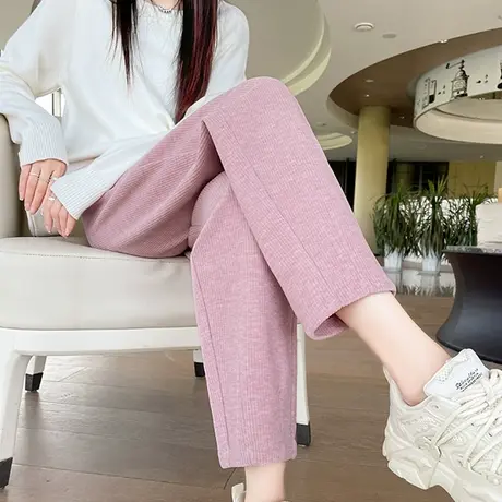 粉色仿羊绒哈伦裤女宽松直筒九分裤秋冬小个子毛呢显瘦休闲萝卜裤商品大图