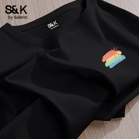 班尼路S&K系列纯棉t恤男秋季彩虹笑脸正肩宽松上衣圆领透气打底衫商品大图