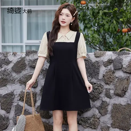 绮娑大码女装2025夏装新款显瘦胖mm连衣裙拼接假两件A字裙商品大图