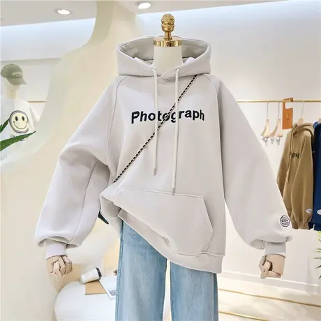 慵懒风百搭宽松韩版冬季加绒加厚保暖刺绣字母连帽卫衣女帽衫外套商品大图