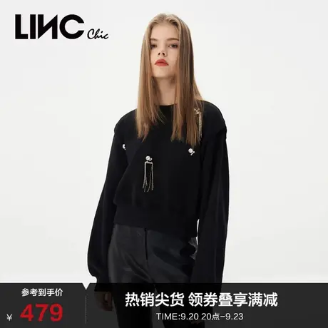 LINCCHIC金羽杰卫衣女2023新款宽肩圆领钻饰流苏卫衣S231HD104Y商品大图