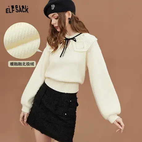 妖精的口袋娃娃领白色毛衣女2022秋冬新款软糯温柔风内搭短款上衣图片