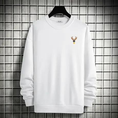 白色卫衣秋冬款加绒加厚套头无帽宽松潮流百搭摇粒绒圆领长袖t恤商品大图