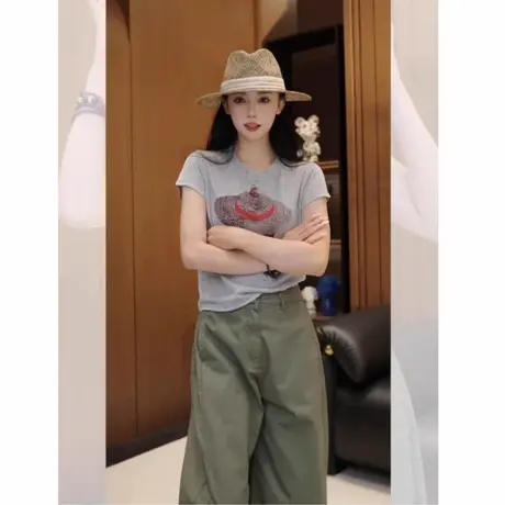 夏季独特超好看小个子修身短款小众正肩上衣设计感印花短袖t恤女商品大图