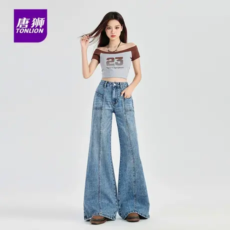 唐狮美式拼接分割小众设计阔腿牛仔裤女秋季新款松弛感微喇长裤AX图片