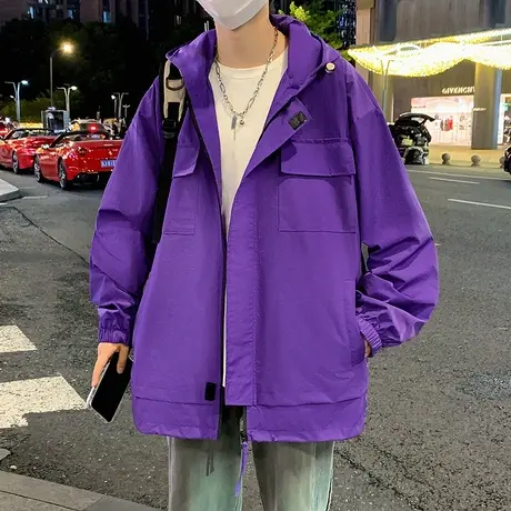 春秋季长袖纯色男士潮流连帽夹克机能冲锋衣宽松潮流工装外穿外套图片