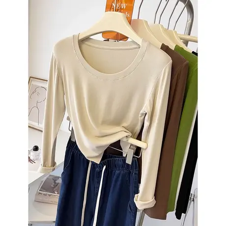 洋气减龄纯欲风U领长袖T恤女早秋修身显瘦内搭短款上衣打底衫潮图片