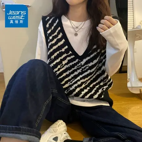 KP真维斯时尚韩系V领针织衫条纹针织毛衣女士马甲背心小众设计感图片
