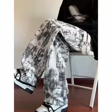 春秋男士扎染裤子美式宽松潮牌休闲裤男生复古高街直筒运动长裤子商品大图