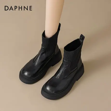 达芙妮黑色弹力袜靴女款2025新款靴子切尔西短靴瘦瘦靴厚底马丁靴图片