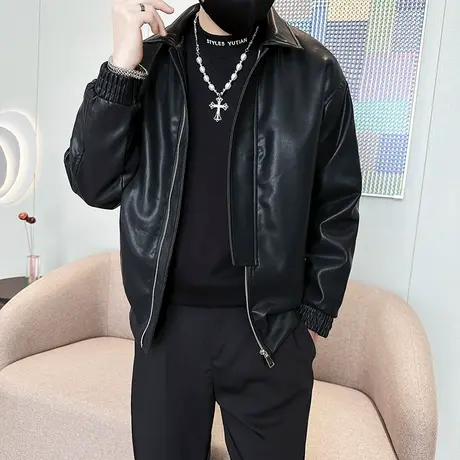 皮衣外套男冬季加绒纯色潮牌高级感防风机车服个性痞帅皮夹克上衣商品大图