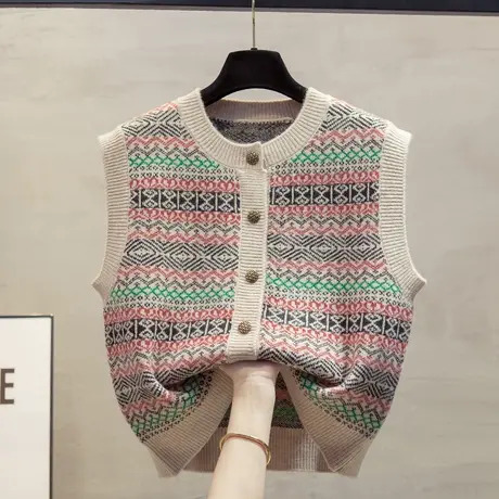 圆领复古针织开衫马甲背心女2023秋冬新款宽松马夹外穿毛衣坎肩潮商品大图