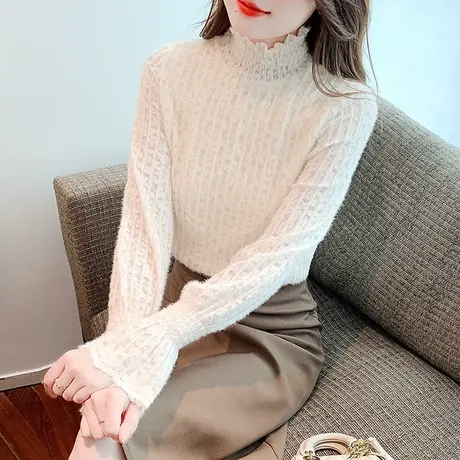 洋气内搭加绒加厚蕾丝打底衫女2023冬季新款洋气喇叭袖显瘦女上衣商品大图