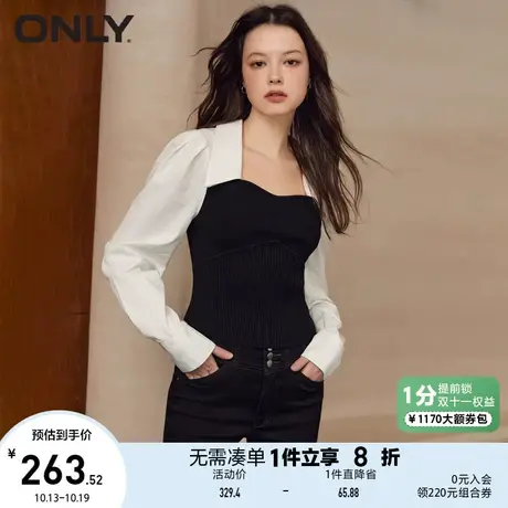 ONLY奥莱2023夏季新款休闲时尚方领拼接泡泡袖雪纺衫女商品大图