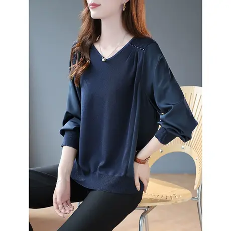 宝诗黎V领钉珠拼接针织衫早秋长袖套头上衣2023新款宽松休闲女装商品大图