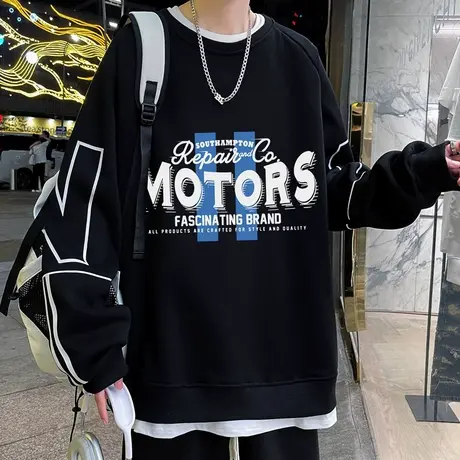 假两件圆领卫衣男春秋季港风ins宽松长袖t恤青少年字母印花打底衫图片