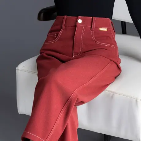 红色毛呢裤女高腰冬季2023新款彩色裤子休闲女裤九分小个子萝卜裤图片
