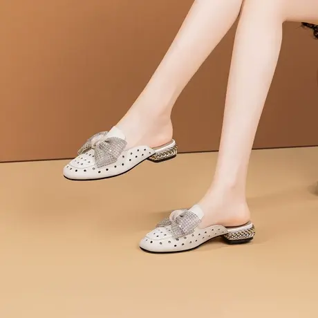 凉拖鞋女外穿夏季2023新款包头低跟半拖洞洞鞋蝴蝶结镂空真皮拖鞋图片