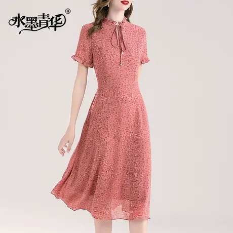 水墨青华夏装新品简约修身大摆裙时尚短袖雪纺印花连衣裙图片