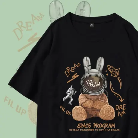 真维斯LIFE黑色短袖t恤女2023年夏季纯棉宽松兔子印花半袖体恤潮商品大图