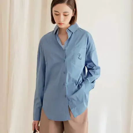 桔熊春秋季休闲翻领口袋字母刺绣宽松中长款衬衫女装大码AB17617图片