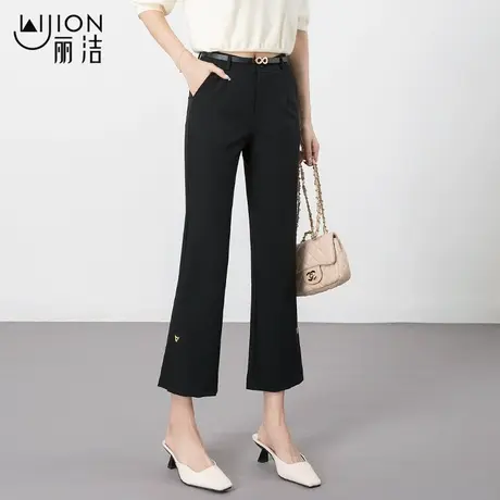 丽洁女裤休闲夏季薄款微喇裤女修身黑色显瘦七分裤休闲喇叭西装裤商品大图