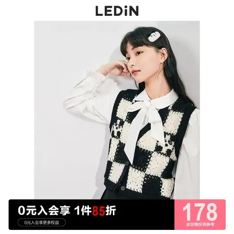 乐町黑白熊猫背心镂空休闲早秋新款格纹少女可爱外搭针织马甲女商品大图