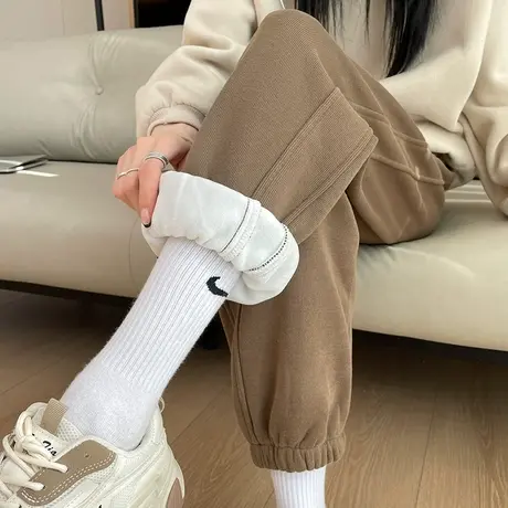 加绒运动裤女冬季新款高腰直筒宽松显瘦束脚小个子休闲哈伦卫裤子图片