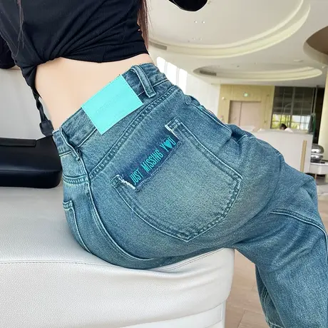 复古蓝色直筒牛仔裤女2024春秋新款高腰显瘦宽松卷边阔腿拖地长裤商品大图