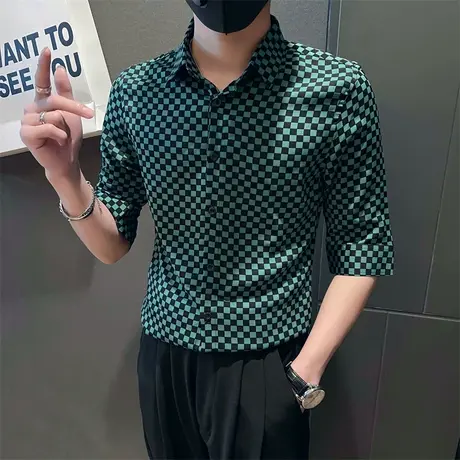 夏季男士衬衫格子短袖宽松半袖翻领七分袖发型师个性潮流百搭衬衣商品大图