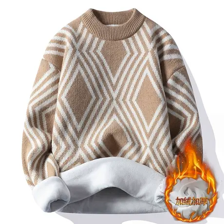 圆领毛衣男加绒加厚保暖男士针织衫潮流菱形格子毛线衣秋冬季外套商品大图