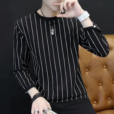 春季长袖T恤男宽松竖条纹春秋薄款秋衣男装打底衫外穿潮流上衣服商品大图