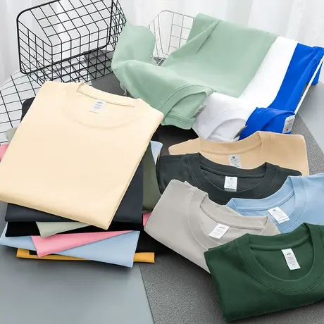 重磅纯棉短袖t恤男女夏季纯色上衣服潮流宽松全棉半袖圆领打底衫商品大图