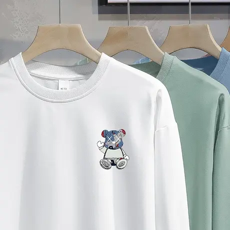 男士卫衣春秋款宽松潮流白色小熊套头无帽上衣服加绒长袖t恤圆领商品大图