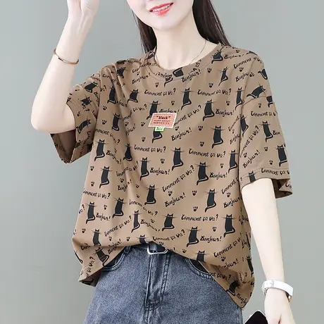 纯棉中袖t恤女2024春夏季新款时尚卡通猫咪休闲上衣宽松半袖体恤商品大图