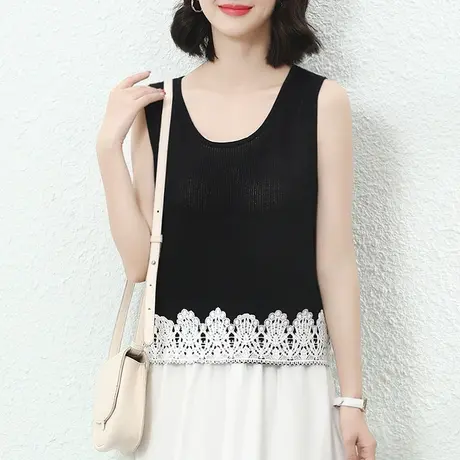韩潮袭人圆领蕾丝拼接薄无袖针织背心女2024夏季新款休闲百搭上衣商品大图