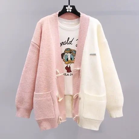 日系慵懒复古拼色牛角扣毛衣外套女秋冬新款宽松高级感针织开衫商品大图