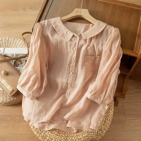 享永子七分袖苎麻衬衫女娃娃领文艺复古棉麻上衣宽松2024春夏新款图片