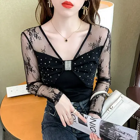 春装2024新款潮性感V领镂空T恤蕾丝拼接上衣紧身内搭打底衫女长袖商品大图