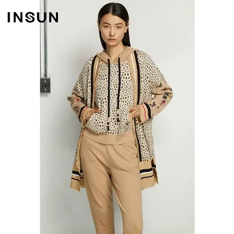 INSUN恩裳春季撞色拼接豹纹毛针织衫图片