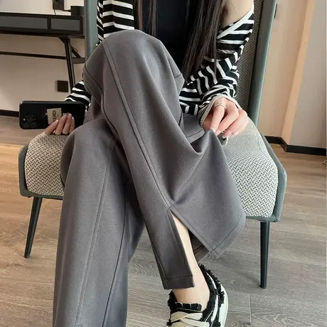 开叉阔腿裤女灰色春秋拼接宽松小个子高腰垂感直筒分叉休闲运动裤商品大图