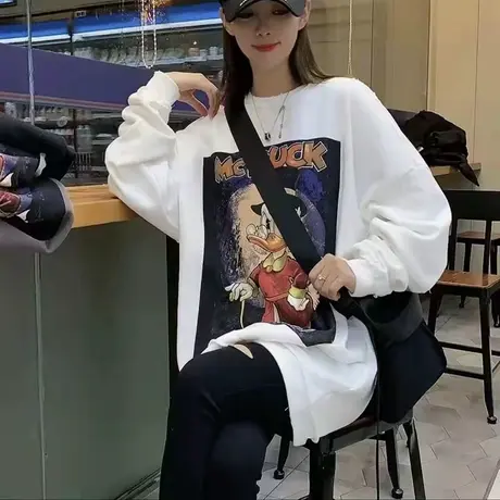 卡通印花假两件卫衣女春秋季新款慵懒风拼接上衣宽松休闲百搭外套商品大图