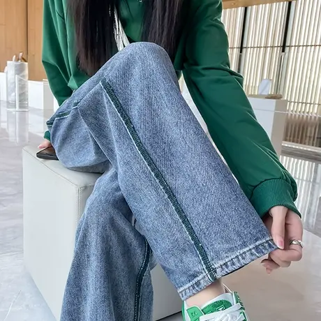 牛仔阔腿裤女高腰垂感显瘦秋冬季2023年港味宽松大码拖地直筒裤子图片