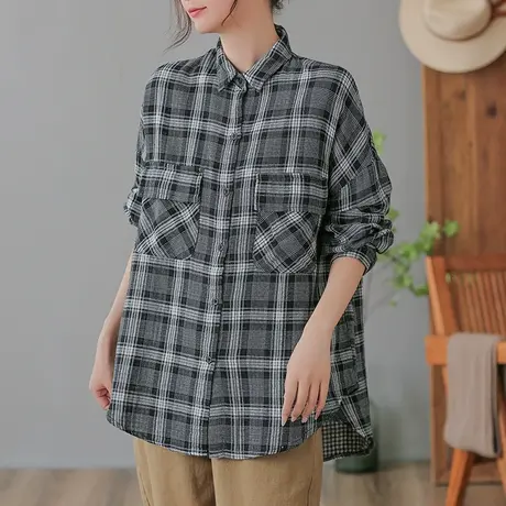 dza 复古宽松亚麻上衣女士长袖衬衫外套春秋新款显瘦长袖棉麻衬衣图片