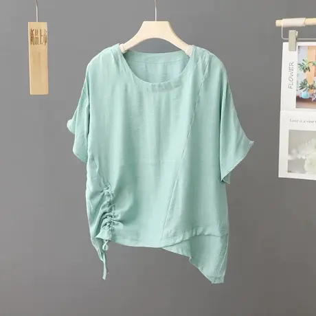 2024夏季新款薄款圆领上衣女短袖纯色棉麻短款T恤小衫宽松体恤女商品大图