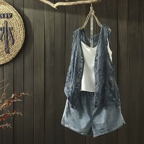 枫谜2020年夏装新款文艺简约棉线镂空背心马夹女韩版休闲坎肩开衫商品大图