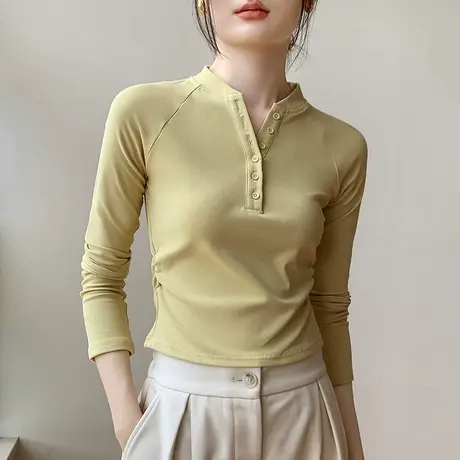 半开领纯色长袖t恤女早秋插肩纽扣打底衣修身显瘦内搭短款亨利衫商品大图