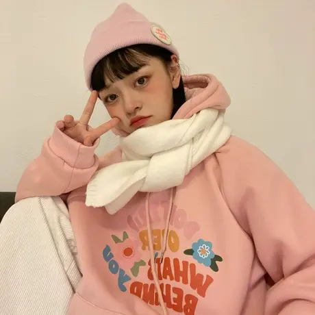 红续卡通字母花花粉色加绒加厚连帽卫衣女甜妹学院风闺蜜秋冬外套商品大图