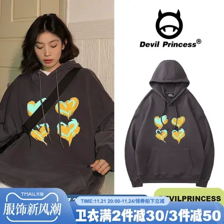 深灰色加绒连帽厚卫衣女美式复古高街潮牌宽松bf慵懒风潮ins上衣商品大图